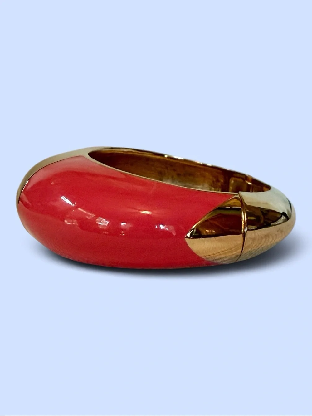 CC SKYE Coral Pink Enamel Gold Tone Hinged Statement Bangle Bracelet Marked
